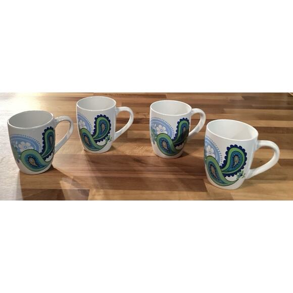 Set of 4 Royal Norfolk Floral Paisley Print Blue & Green Ceramic Coffee Mugs - Picture 1 of 9